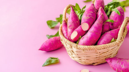 A vibrant arrangement of fresh purple sweet potatoes placed in a rustic basket, contrasted against a pink backdrop, ideal for food photography and styling.の素材