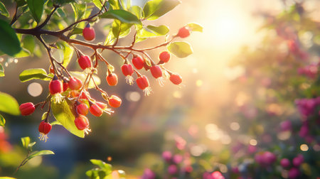 A stunning close-up view of red berries on a green branch, illuminated by soft sunlight. The dreamy background enhances the natural beauty and serenity of spring.の素材