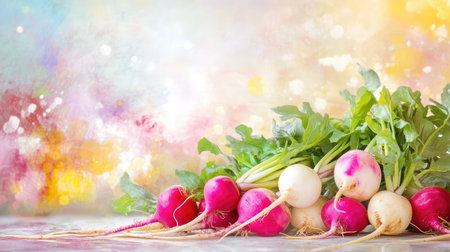 A stunning arrangement of fresh radishes in red and white hues on a colorful textured background. Perfect for illustrating health, nutrition, and culinary themes.の素材
