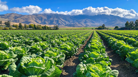 A vibrant cabbage field stretches under a clear blue sky, framed by majestic mountains. This picturesque scene showcases nature's beauty and agricultural abundance.の素材