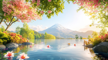 This stunning image captures a serene lake framed by blooming cherry blossoms and majestic mountains under a clear sky, offering a peaceful natural escape.の素材