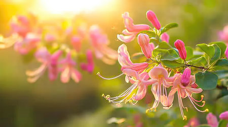 This stunning image captures the delicate pink blossoms of honeysuckle flowers bathed in warm sunlight during sunset, creating a serene garden atmosphere.の素材