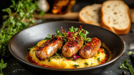 This appetizing image features grilled sausages artfully placed on a smooth bed of polenta, garnished with vibrant fresh herbs, perfect for any meal.の素材