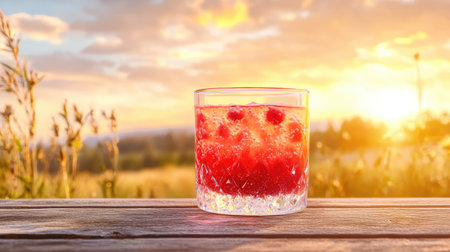 A stunning glass filled with a refreshing berry drink sits elegantly on a wooden table. The vibrant colors of the cocktail contrast beautifully with the warm sunset, creating a serene outdoor atmosphere perfect for relaxation and enjoyment.の素材