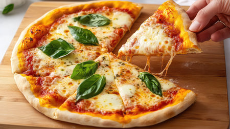 A captivating image of a Margherita pizza featuring melted cheese and vibrant basil leaves on a wooden board. Perfect for culinary enthusiasts.の素材