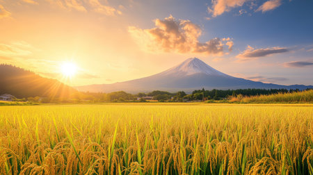 Experience the stunning view of Mount Fuji at sunset, surrounded by golden rice fields. This serene landscape captures the essence of nature's beauty in Japan.の素材