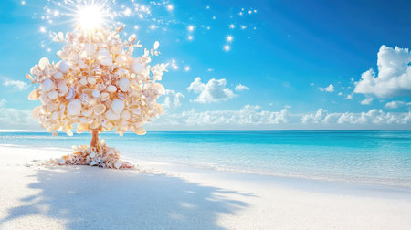 Stunning seashell tree stands on a serene sandy beach, illuminated by bright sunlight and reflecting on the calm ocean waters under a clear blue sky.の素材