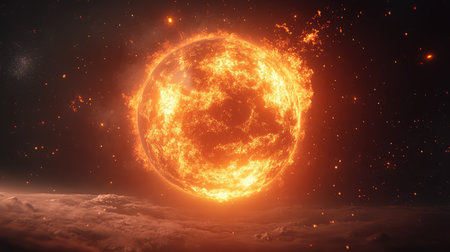 A stunning image of a massive fiery orange star surrounded by a cosmic backdrop, showcasing the beauty and vastness of outer space.の素材