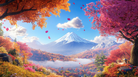 This stunning landscape captures a majestic mountain backdrop adorned with vibrant cherry blossoms, showcasing peaceful natural beauty under a blue sky.の素材