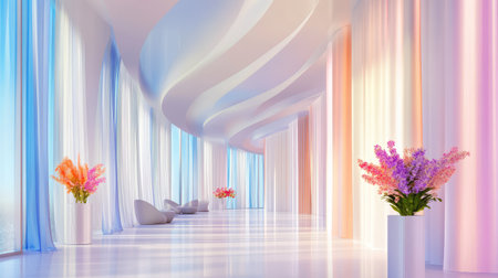 A stunning modern interior featuring flowing drapes in soft pastel hues, accompanied by vibrant floral arrangements. This elegant space radiates tranquility and creativity.の素材
