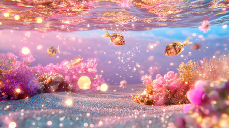A stunning underwater scene features vibrant fish swimming among colorful corals, illuminated by soft light and delicate floating particles, creating a magical ambiance.の素材