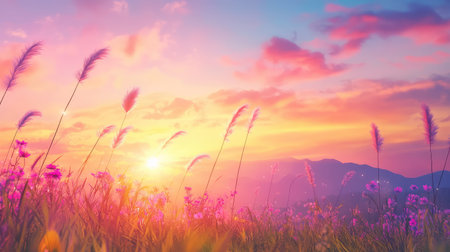 A breathtaking sunrise illuminates a lush flower field, casting vibrant colors across the sky and creating a serene atmosphere in nature.の素材