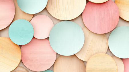 Vibrant composition featuring wooden circles in pastel shades. Ideal for creative projects, backgrounds, and modern design inspirations.の素材
