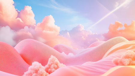 This enchanting pastel landscape features gentle hills and fluffy clouds under a serene sky. Perfect for artistic, fantasy, and calming projects.の素材