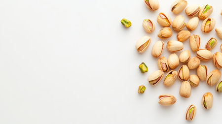 A variety of pistachio nuts scattered on a clean white background, showcasing both open and closed shells, perfect for culinary purposes or healthy snacking.の素材