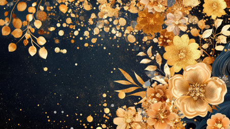 This captivating floral design features gold flowers and leaves set against a dark background, perfect for invitations, banners, or artistic projects.の素材