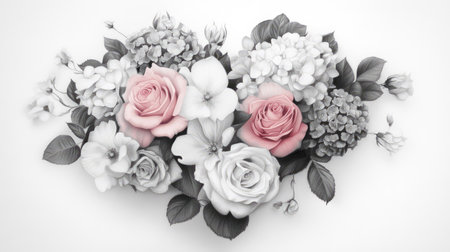 This stunning floral arrangement features elegant pink roses amidst delicate black and white blooms, perfect for aesthetic projects or home decor.の素材