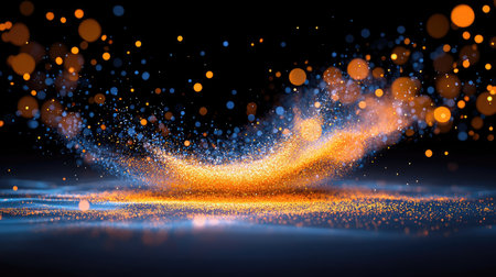 This stunning abstract image features vibrant particles of light in orange and blue, creating a magical and captivating background with bokeh effects.の素材