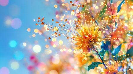 A stunning floral composition featuring a bright flower against a dreamy bokeh background, creating a magical, vibrant atmosphere perfect for seasonal themes.の素材