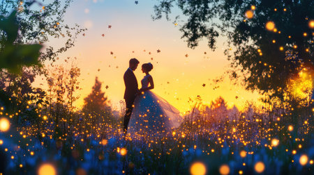 A captivating silhouette of a bride and groom sharing an intimate moment during sunset, surrounded by twinkling fireflies and soft bokeh, creating a magical atmosphere.の素材