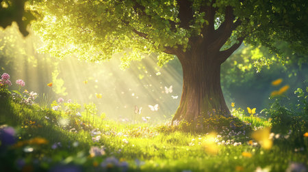 Captivating forest scene featuring a majestic tree bathed in soft sunlight, colorful butterflies fluttering among blooming flowers, and a tranquil atmosphere.の素材
