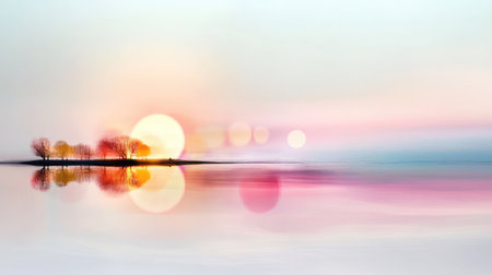 Experience the beauty of a tranquil sunrise over a serene lake, where soft colors blend harmoniously, creating a peaceful reflection on the water's surface.の素材