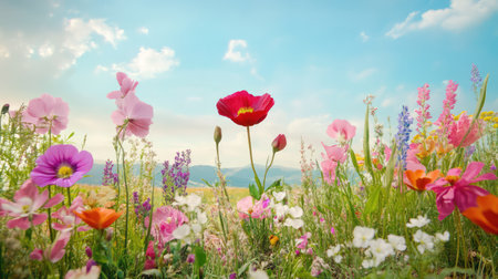 A picturesque view of a vibrant wildflower meadow under a clear blue sky adorned with fluffy clouds. This image captures the essence of spring or summer.の素材