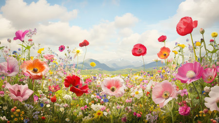 A breathtaking spring landscape showcasing an expansive field of wildflowers under a blue sky, highlighting nature's beauty and vibrant colors.の素材
