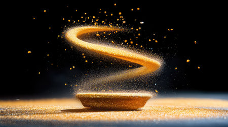 This captivating image showcases a swirl of golden particles in motion, creating a beautiful and dynamic display against a dark background. The fine details and texture highlight the enchanting nature of the particles, evoking a sense of wonder and creativity.の素材