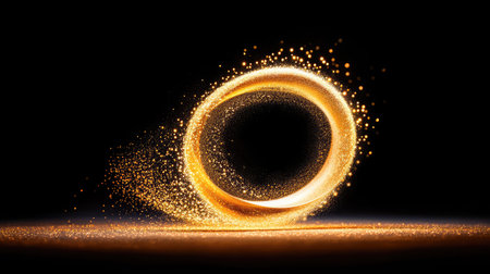 A stunning golden ring surrounded by a swirl of sparkling particles set against a dark background, exuding elegance and magical allure. Perfect for various creative projects.の素材