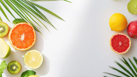 A beautifully arranged collection of fresh fruits, including citrus varieties, set against a clean white background, emphasizing health and vitality.の素材
