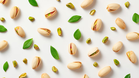 An artistic display of open and closed pistachios alongside fresh green leaves, set against a clean white surface, ideal for healthy living themes.の素材