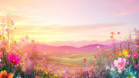 A breathtaking view of a vibrant field filled with wildflowers under a stunning sunset sky. The rolling hills in the background enhance the serene landscape, inviting tranquility and beauty. Perfect for nature lovers.の素材