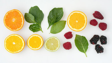 A visually appealing arrangement of fresh citrus slices, vibrant berries, and green leaves on a white background, ideal for healthy eating and nutrition.の素材
