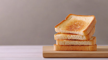 A stack of three slices of perfectly toasted bread resting on a wooden cutting board, showcasing a golden hue and appealing texture against a soft light background.の素材