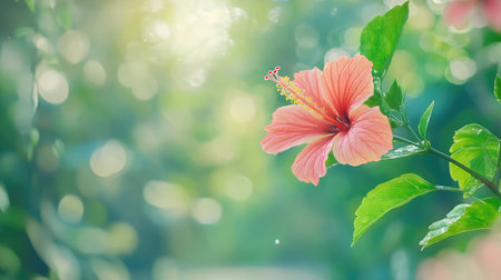 A stunning pink hibiscus flower stands gracefully against a lush green background, featuring soft bokeh lights that create a serene and tranquil mood.の素材