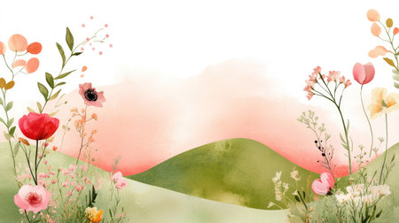 Beautiful watercolor illustration of a floral landscape with delicate flowers and soft pastel hills, ideal for nature-themed projects and designs.の素材