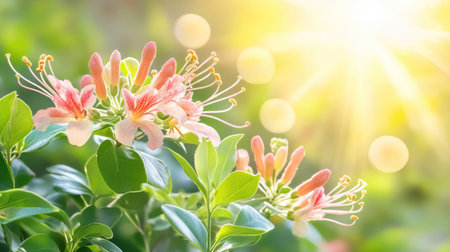 This stunning image features vibrant honeysuckle flowers surrounded by lush green leaves, bathed in soft sunlight, creating a serene and peaceful atmosphere.の素材