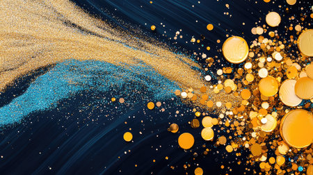 A striking visual showcasing an explosion of colorful particles, combining blue glitter and gold elements on a dark background, perfect for creative projects.の素材