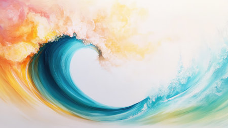 A vibrant abstract painting of a powerful ocean wave, highlighted by soft clouds and a gradient background. This artwork embodies motion and energy, inviting relaxation.の素材