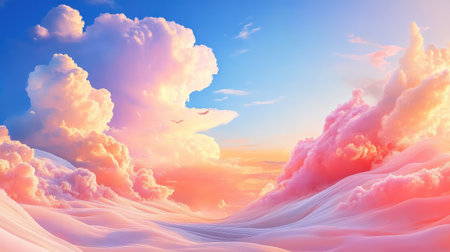 A picturesque landscape featuring vibrant pink and blue skies filled with fluffy clouds at sunset. This serene scene captures the essence of peaceful beauty.の素材