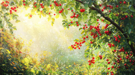 A captivating nature scene featuring lush greenery and vibrant red berries. Soft golden sunlight filters through the leaves, creating a tranquil atmosphere.の素材