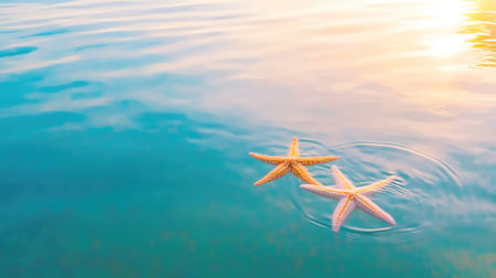 Two starfish float serenely in clear ocean waters, reflecting the warm golden hues of a sunset. A tranquil and beautiful coastal scene perfect for nature lovers.の素材