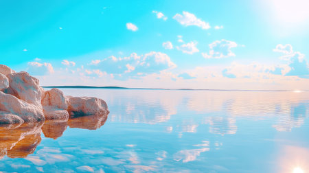 A tranquil scene showcasing a peaceful lake with clear waters reflecting the vibrant blue sky and fluffy clouds, perfect for relaxation and nature lovers.の素材