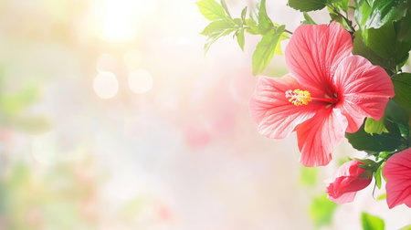 A beautiful pink hibiscus flower with soft green leaves illuminated by gentle sunlight. This image captures the essence of natureの素材
