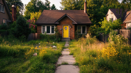 An inviting image of an abandoned house with a striking yellow door, surrounded by overgrown grass and vibrant wildflowers, conveying a sense of nature reclaiming space.の素材