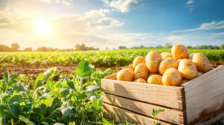 A beautifully captured scene of freshly harvested potatoes in a wooden crate, set in a vibrant green field under a stunning sunset sky, showcasing the beauty of agriculture.の素材