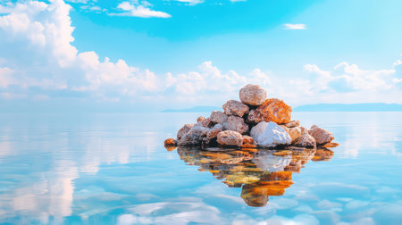 A serene scene featuring a carefully stacked pile of stones reflecting in calm waters under a bright blue sky filled with fluffy clouds.の素材