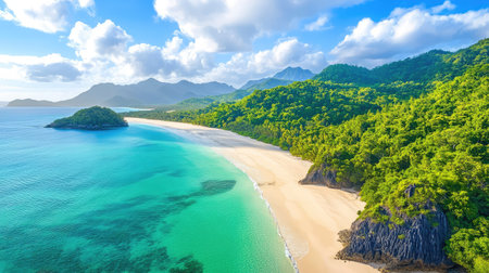 This stunning image showcases a tranquil tropical beach with crystal clear water, surrounded by lush green mountains and a bright blue sky. Perfect for travel inspiration.の素材