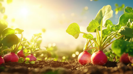 A beautiful scene showcasing freshly harvested radishes flourishing in rich soil, illuminated by warm sunshine at dawn, representing growth and freshness.の素材